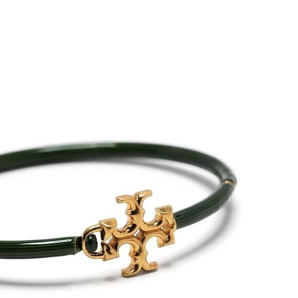 NWT Tory Burch Kira Green Enamel, Gold Logo Hinged Cuff Bracelet - Picture 2 of 4